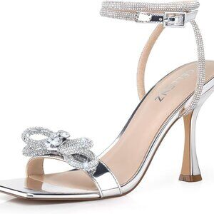 Women Strappy Bow Kitten Heels Sparkly Open Toe Sandals for Wedding Party